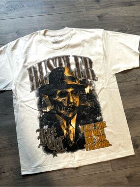 Hustler Hollywood White Tee with Black & Gold Graphic